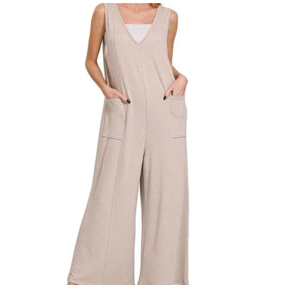 Zenana Outfitters French Terry Deep V Neck Wide Leg Jumpsuit Ash Mocha Tan M
